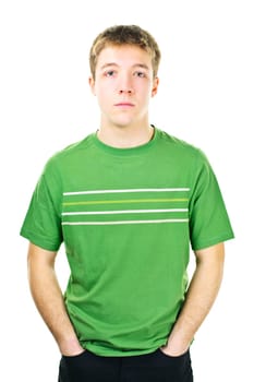 Serious young man standing isolated on white background