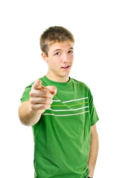 Serious young man pointing finger at camera isolated on white background