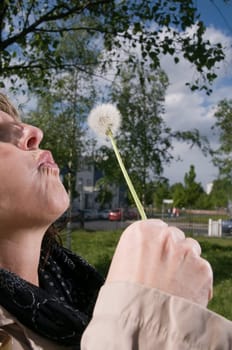 Head portrait of a mature woman with dandelion on the side