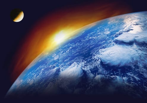 Earth and the moon with a sunset on the planet earth to air space
