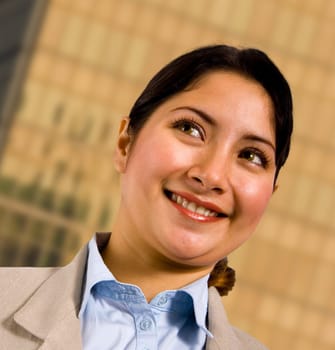 Smiling Business Woman Standing Outsite Her Company Headquarters