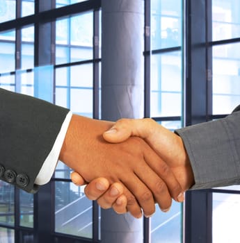 2 Businessmen In An Office Shaking Hands To Seal An Agreement