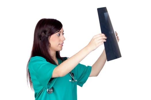 Attractive brunette doctor with a radiography isolated on a over white background