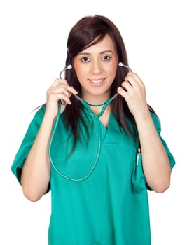 Attractive brunette doctor isolated on a over white background