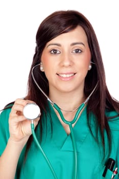 Attractive brunette doctor isolated on a over white background