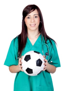 Attractive brunette doctor with soccer ball isolated on a over white background