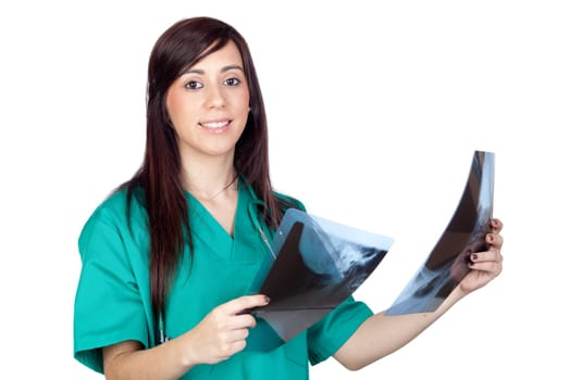 Attractive brunette doctor with a radiography isolated on a over white background