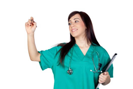 Attractive brunette doctor with clipboard isolated on a over white background