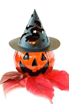 Celebrating Halloween with scary pumpkin. Isolated on white background.
