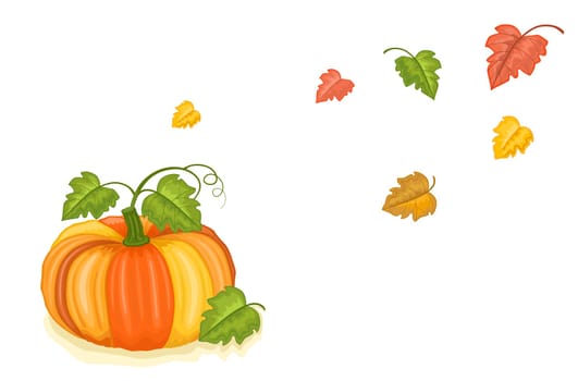 Autumn harvest with tasty pumpkin and falling leaves. Isolated over white background.
