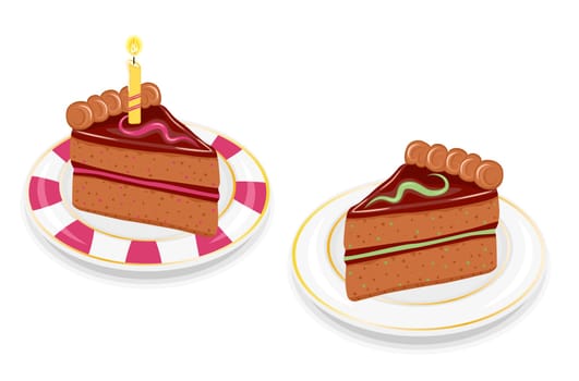 Two slices of festive birthday chocolate cakes. With mint and strawberry flavours and golden candle. Isolated on white background.