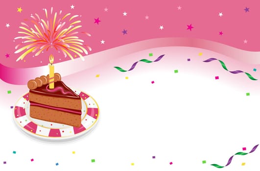 Happy Birthday - party celebration with festive cake, glowing candle and fireworks. Over white background with room for your text.
