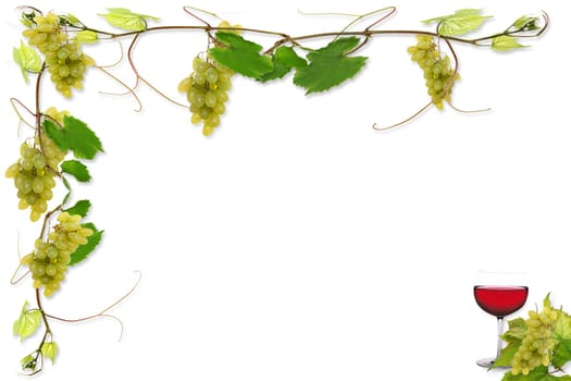 vine leaves and bunches of grapes with a glass of red wine for a wine list