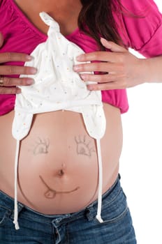 Smile on pregnant woman tummy isolated on white
