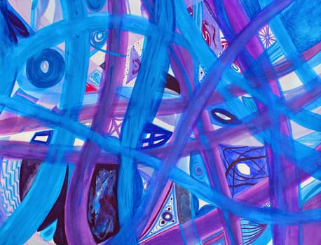 Abstract blue, purple, red roads on white background. Many paths of blue and purple intertwine along with small areas of red on a background of white. Original watercolor art painting.