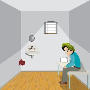 Cartoon drawing of a sad man in a lonely room.