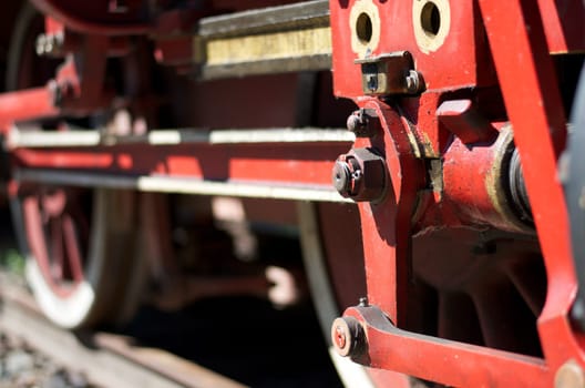 detail view on an old locomotive on its tracks