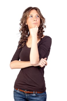 Pensive model girl isolated on white background