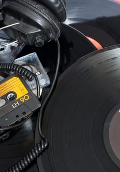 Retro Party - Audio Cassette Tapes, Vinyl Records and Headphones