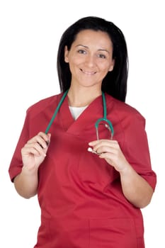 Happy doctor woman with burgundy clothing isolated on white background