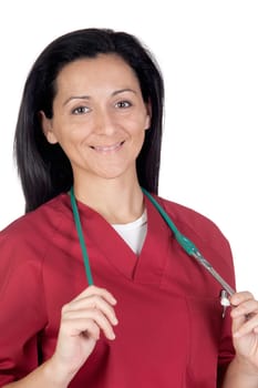 Happy doctor woman with burgundy clothing isolated on white background