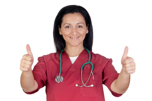 Happy doctor woman saying OK isolated on white background