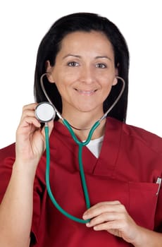 Happy doctor woman listening with stethoscope isolated on white background