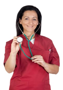 Happy doctor woman listening with stethoscope isolated on white background