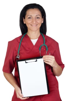 Happy doctor woman with clipboard in blank isolated on white background