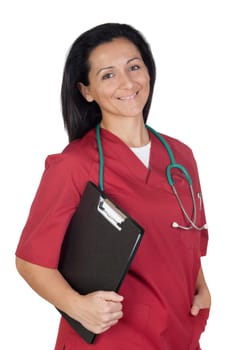 Happy doctor woman with burgundy clothing isolated on white background