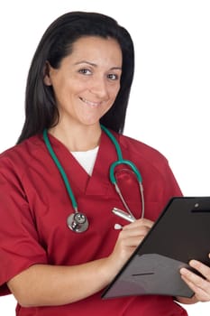 Happy doctor woman with clipboard isolated on white background
