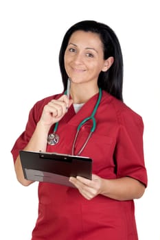 Happy doctor woman with clipboard thinking isolated on white background