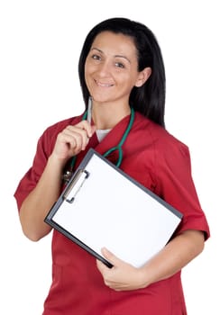 Happy doctor woman with clipboard in blank thinking isolated on white background