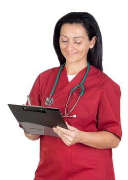 Happy doctor woman with clipboard isolated on white background