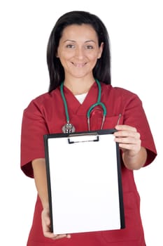 Happy doctor woman with clipboard in blank isolated on white background