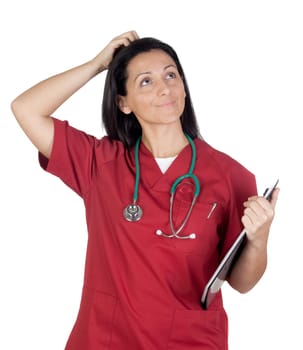 Happy doctor woman with burgundy clothing thinking isolated on white background