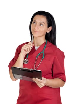 Happy doctor woman with clipboard thinking isolated on white background
