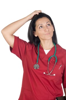 Happy doctor woman with burgundy clothing thinking isolated on white background