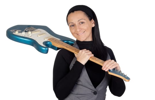 Girl with electric guitar isolated on white background