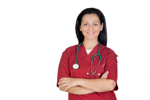Happy doctor woman with burgundy clothing isolated on white background