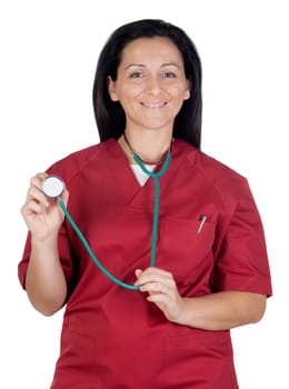 Happy doctor woman listening with stethoscope isolated on white background