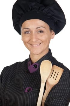 Pretty cook girl with wooden cookware isolated on white background