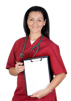 Happy doctor woman with clipboard in blank isolated on white background