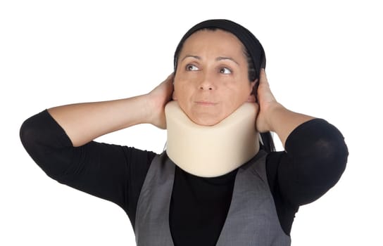 Woman with cervical collar isolated on white background