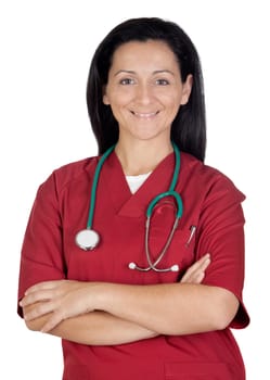 Happy doctor woman with burgundy clothing isolated on white background