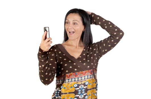 Attractive girl with a mobile isolated on white background