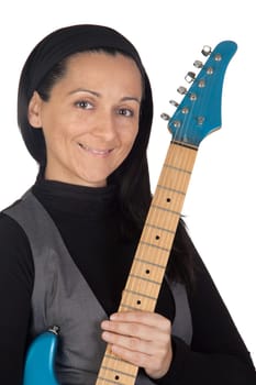 Girl with electric guitar isolated on white background