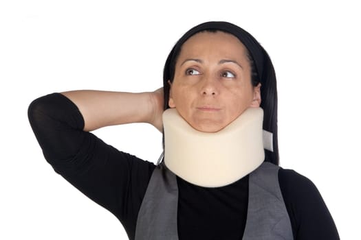 Woman with cervical collar isolated on white background