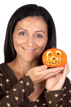 Attractive girl with a pumpkin isolated on white background