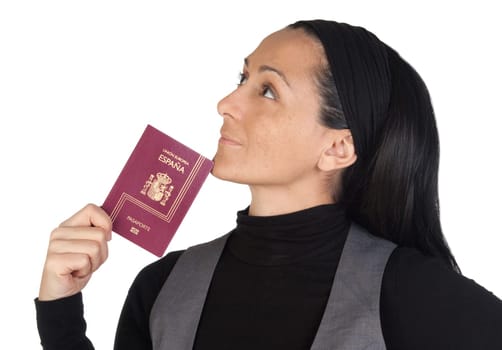 Beautiful woman with a passport thinking isolated on white background